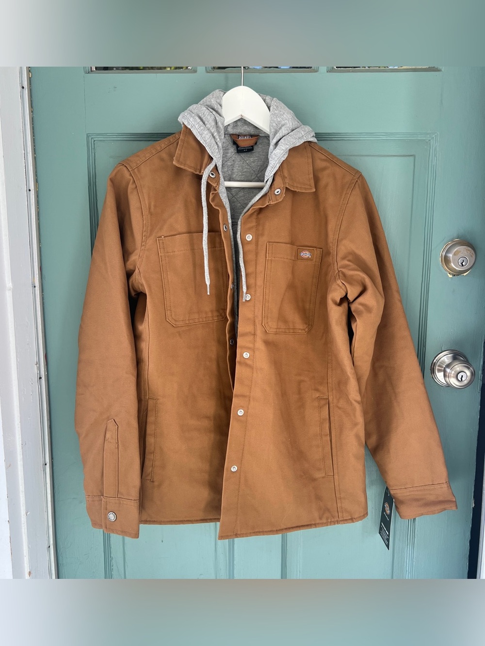 NWT New Womens Tan Dickies Hooded Button Down quilt lined woven duck Jacket S
